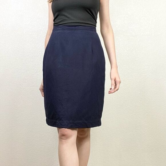 Halston Navy Blue Textured Silk Pencil Skirt - Picture 1 of 7
